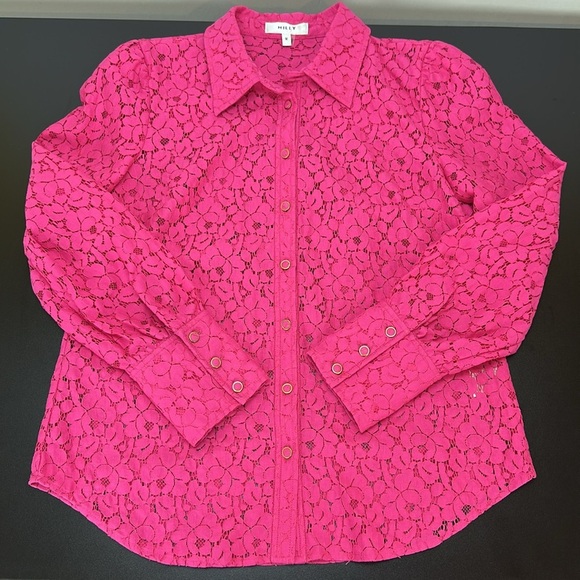 Milly Hot Pink All Over Lace Button Up Shirt Medium Puff Sleeve Semi Sheer - Picture 3 of 15